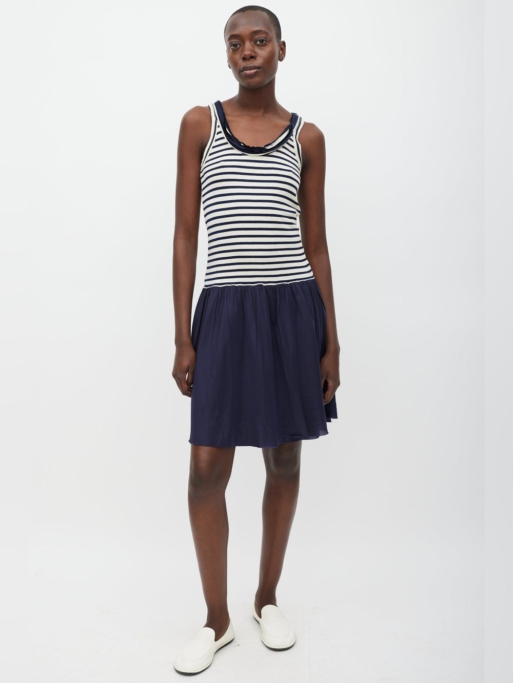 Sacai Luck Striped Fringe Dress Size 2 White Navy Blue
